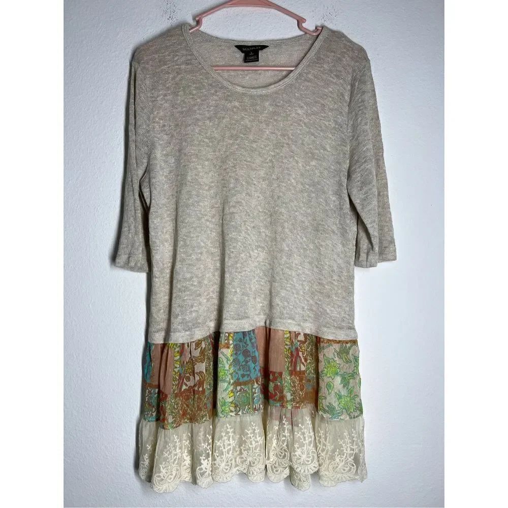Multiples Women's Tunic Top Ruffle Lace Hem Hippie Boho Stretch Size L